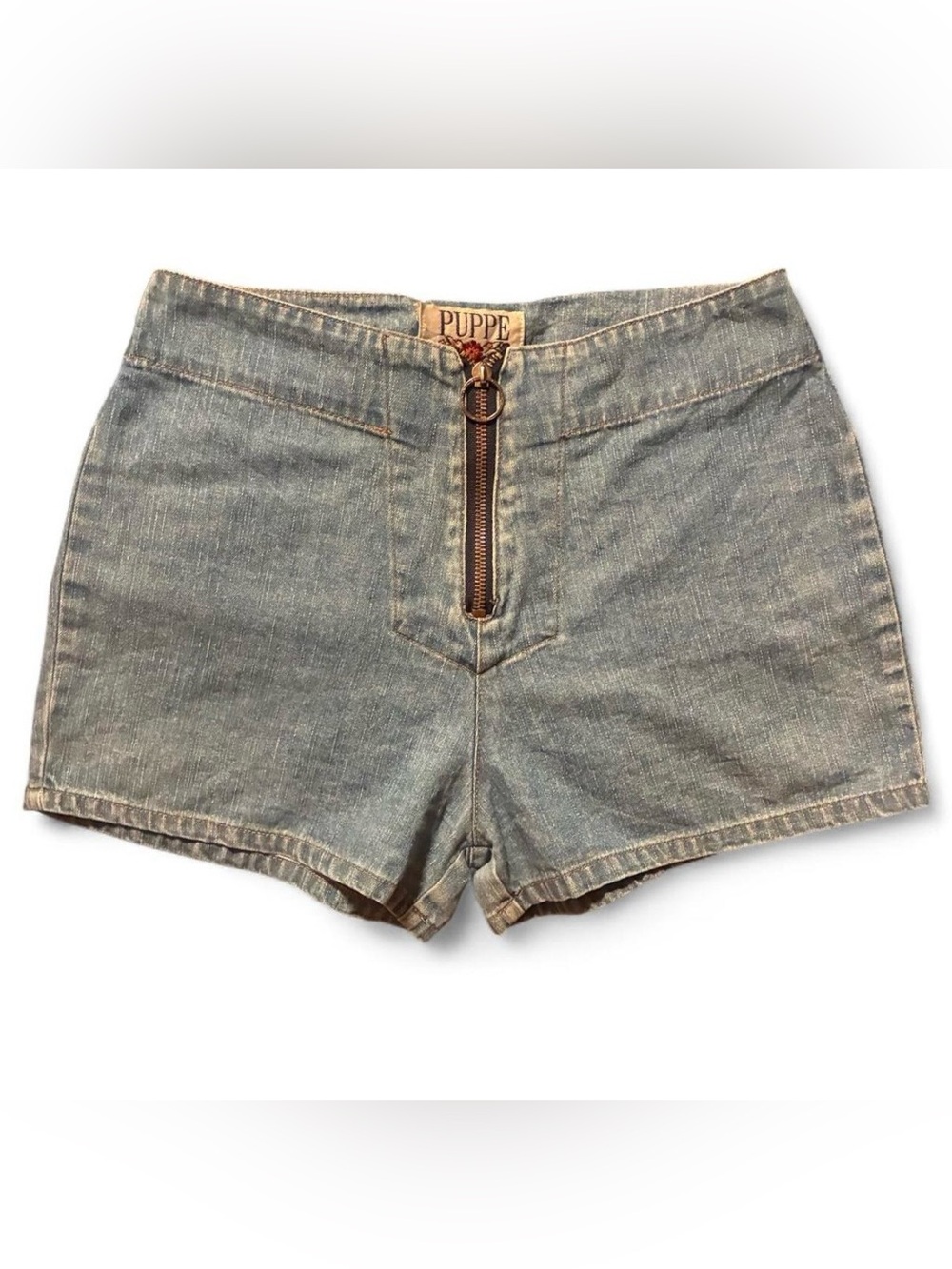 Front-Zip Light Blue Denim Shorts